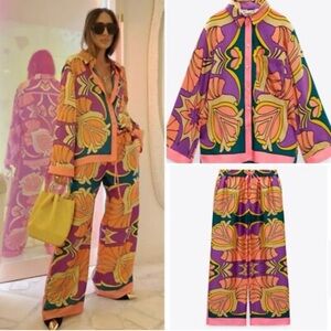 Zara Colorful Floral Wide Leg Two Piece Set